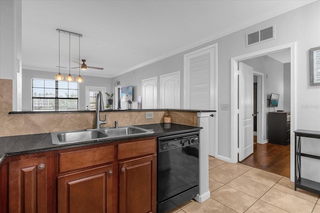 kitchen featuring tasteful backsplash, ornamental molding, light tile patterned floors, black dishwasher, and sink