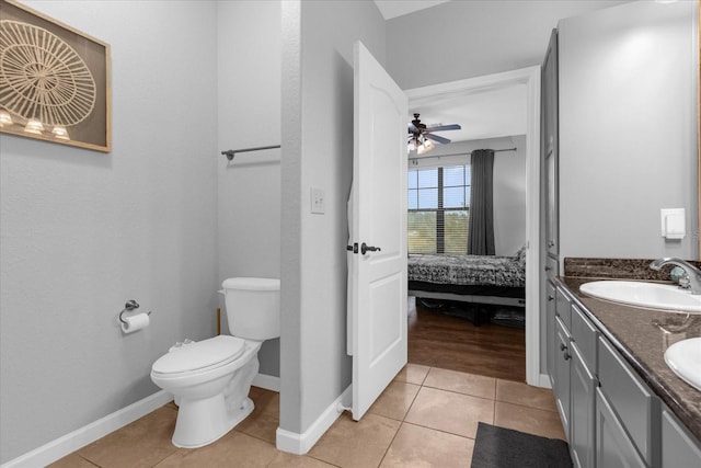 bathroom featuring toilet, vanity, tile patterned flooring, and ceiling fan