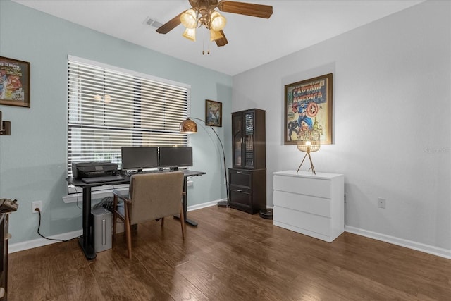 office featuring dark wood-type flooring and ceiling fan