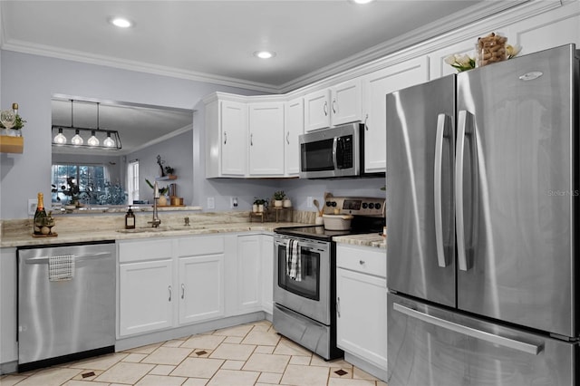 kitchen with crown molding, white cabinetry, appliances with stainless steel finishes, hanging light fixtures, and sink