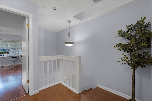 staircase with wood-type flooring and a textured ceiling