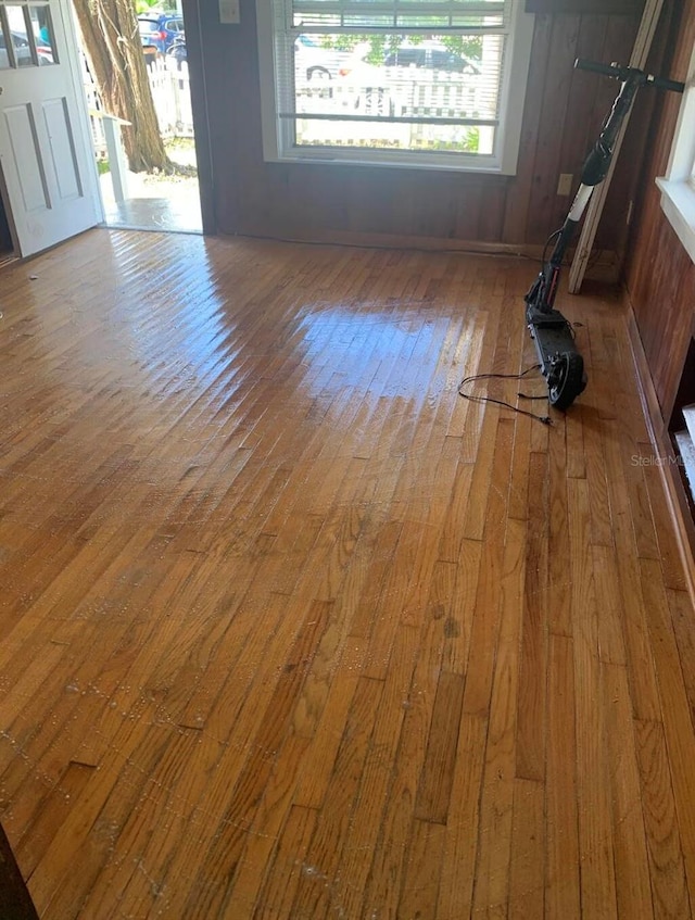 spare room featuring wooden walls and light hardwood / wood-style floors