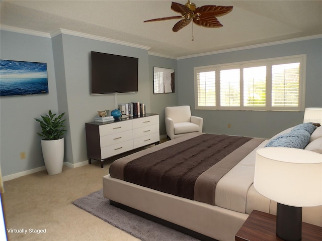 carpeted bedroom with crown molding, multiple windows, and ceiling fan