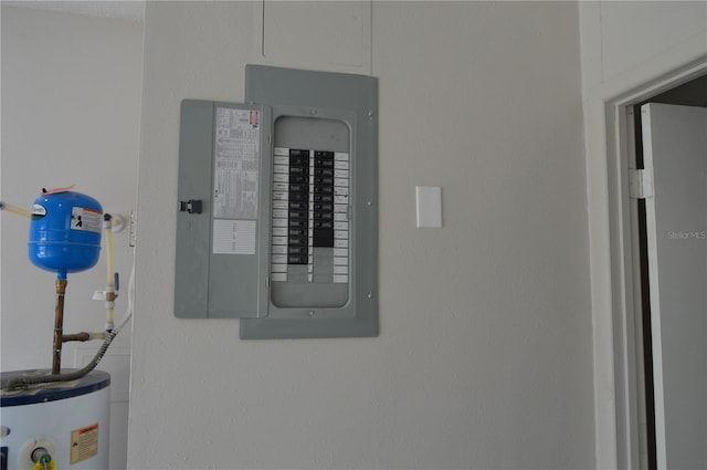 utility room featuring electric panel and water heater