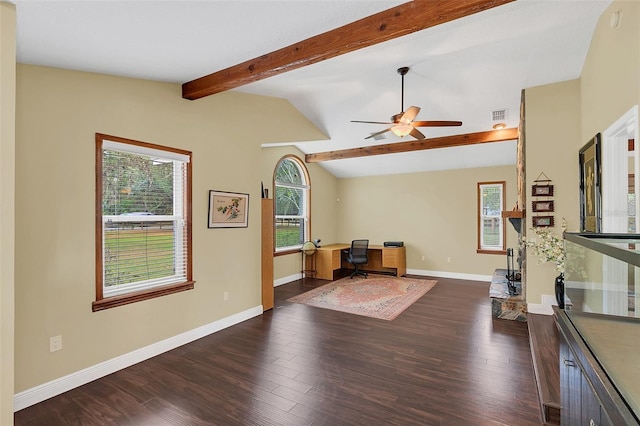 living area with a desk, dark wood finished floors, and baseboards
