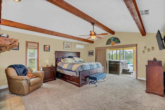 carpeted bedroom featuring access to outside, baseboards, ceiling fan, and an AC wall unit