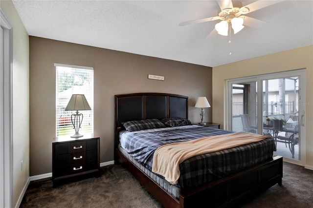 carpeted bedroom featuring a textured ceiling, access to outside, and ceiling fan