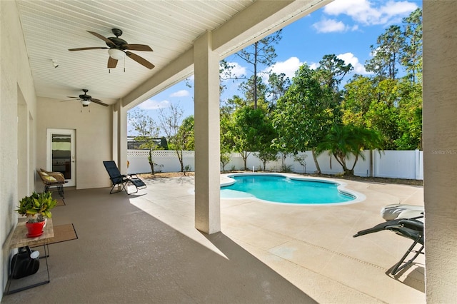 view of swimming pool with a patio area and ceiling fan