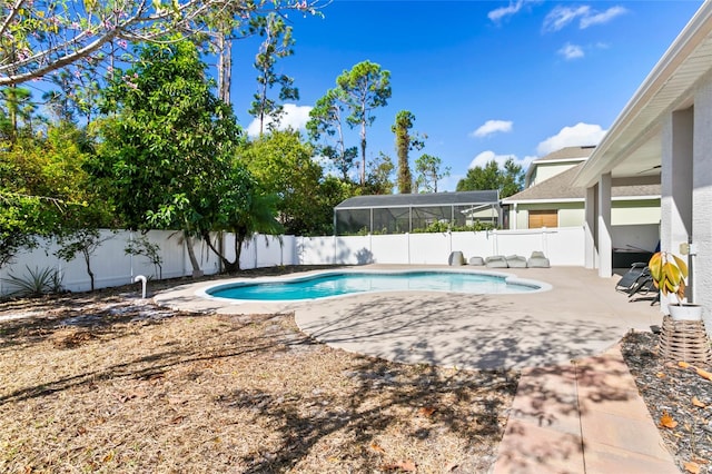 view of pool featuring a lanai and a patio