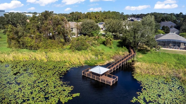 drone / aerial view featuring a water view