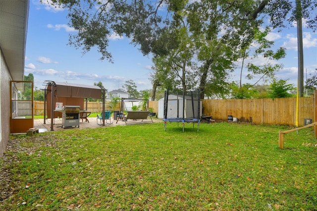 view of yard with a patio, an outdoor fire pit, and a shed