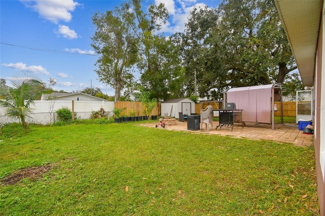 view of yard featuring a patio area and a storage shed