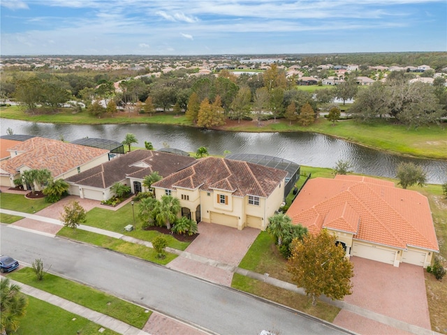 aerial view featuring a water view