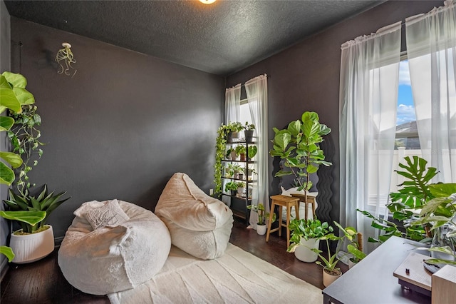 sitting room with wood-type flooring and a textured ceiling