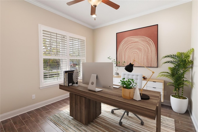 office area featuring crown molding and ceiling fan