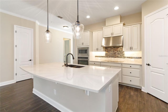 kitchen with a kitchen island with sink, sink, decorative light fixtures, and appliances with stainless steel finishes