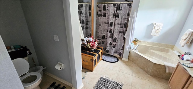 bathroom featuring tile patterned floors, toilet, and independent shower and bath