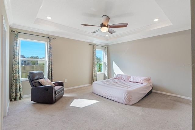 bedroom with ceiling fan, multiple windows, and a tray ceiling