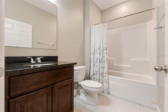 full bathroom with vanity, shower / bath combo with shower curtain, tile patterned floors, and toilet