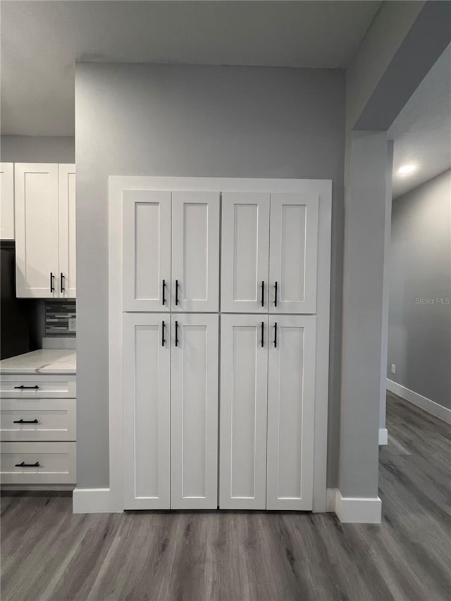 room details with tasteful backsplash and hardwood / wood-style flooring