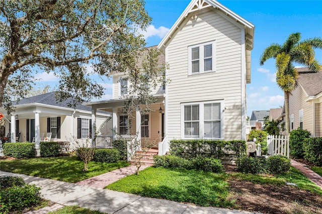 view of property with covered porch and a front lawn