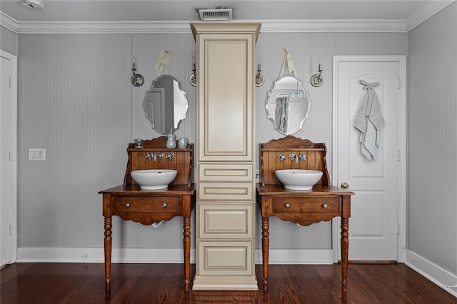 bathroom with vanity, wood-type flooring, and crown molding