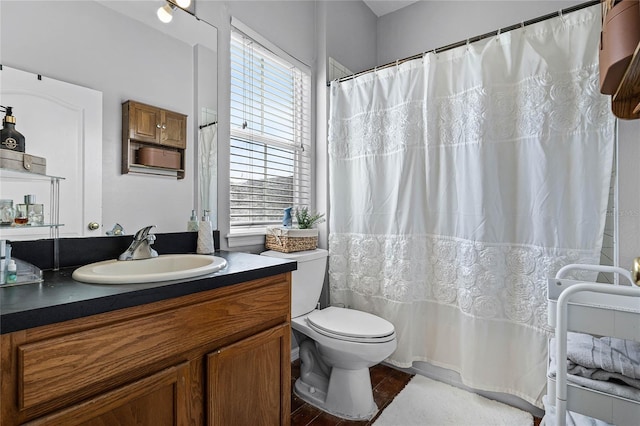 bathroom with toilet, vanity, and wood-type flooring