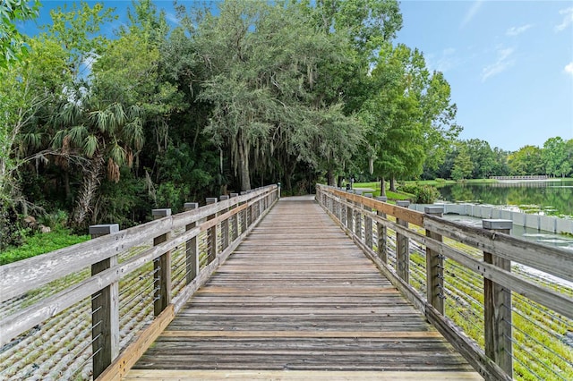 view of dock with a water view