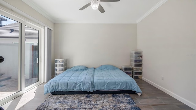 bedroom featuring ornamental molding, access to outside, and ceiling fan