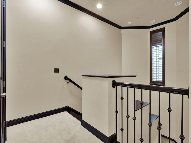 stairs with recessed lighting, baseboards, and ornamental molding