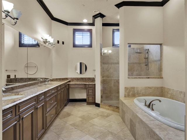 full bath with ornamental molding, a tile shower, double vanity, a bath, and a sink