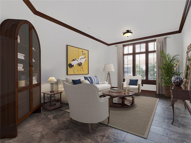 living area with visible vents, baseboards, and ornamental molding