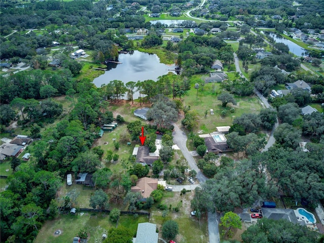 drone / aerial view featuring a water view