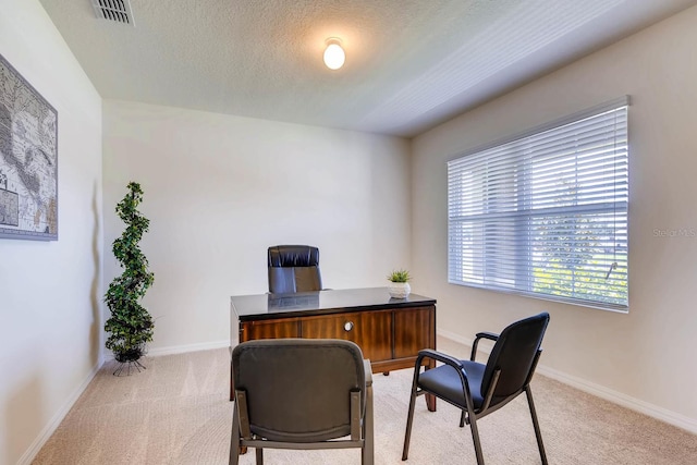 home office with a textured ceiling and light carpet