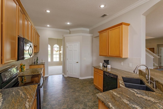 kitchen featuring black appliances, a textured ceiling, decorative backsplash, sink, and dark stone countertops