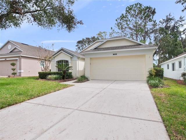 single story home with a garage and a front yard