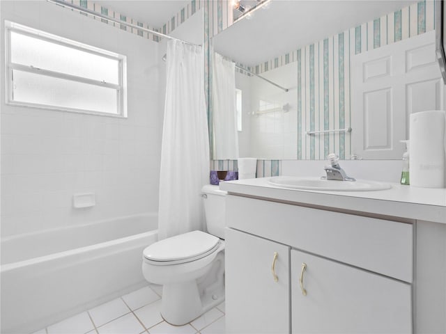 full bathroom featuring toilet, vanity, shower / bath combination with curtain, and tile patterned floors