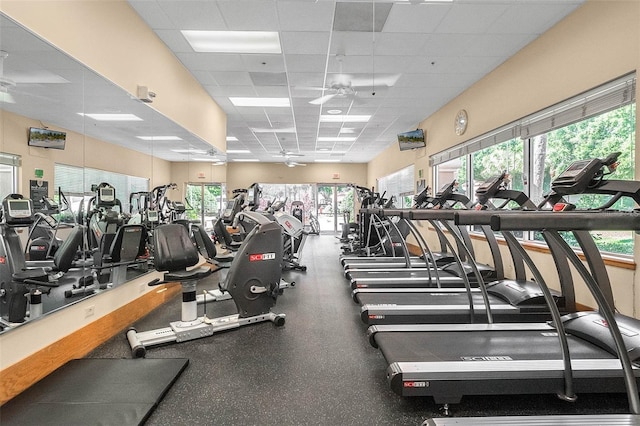 exercise room with plenty of natural light and a paneled ceiling