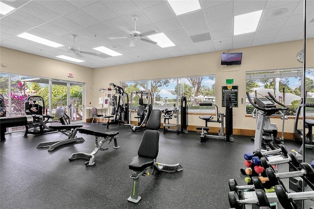 exercise room featuring a paneled ceiling, a wealth of natural light, and ceiling fan