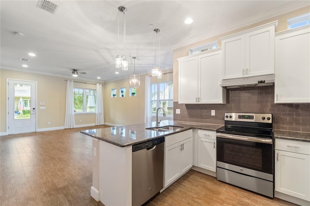 kitchen featuring visible vents, ornamental molding, under cabinet range hood, a sink, and stainless steel appliances