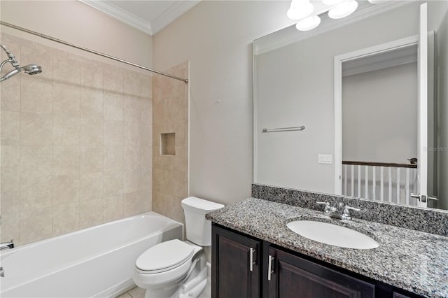 full bath featuring vanity, crown molding, toilet, and washtub / shower combination