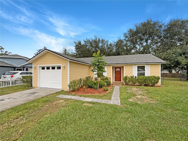 single story home with a garage and a front lawn