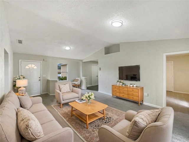 carpeted living room with a textured ceiling and lofted ceiling