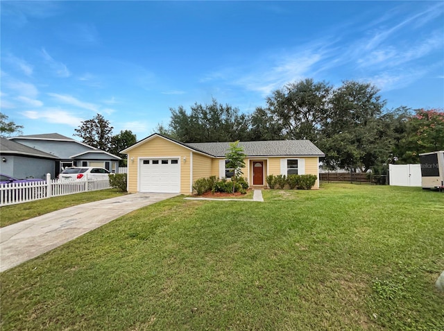 ranch-style house with a garage and a front lawn