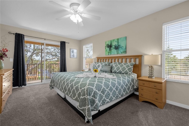 bedroom with carpet flooring, ceiling fan, access to outside, and multiple windows