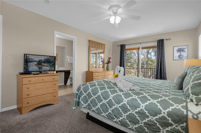 bedroom with access to exterior, connected bathroom, ceiling fan, and carpet flooring