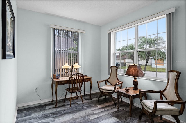 sitting room with hardwood / wood-style flooring, a textured ceiling, and a healthy amount of sunlight