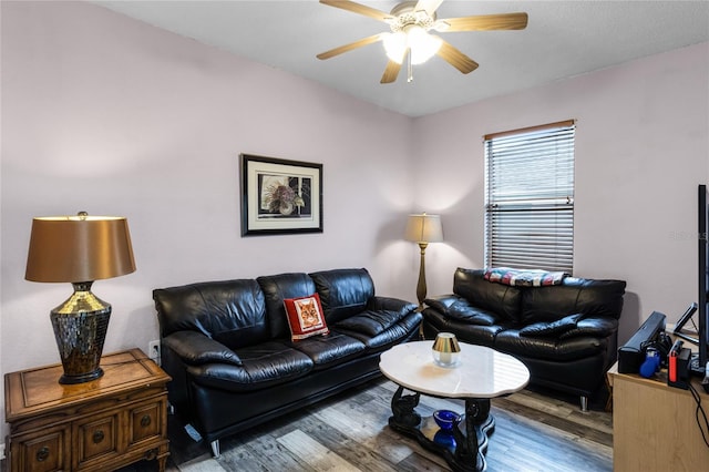 living room featuring ceiling fan and wood-type flooring