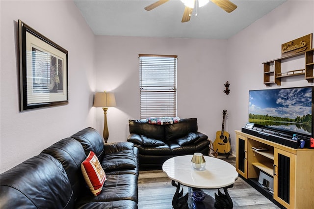 living room featuring ceiling fan and light hardwood / wood-style flooring