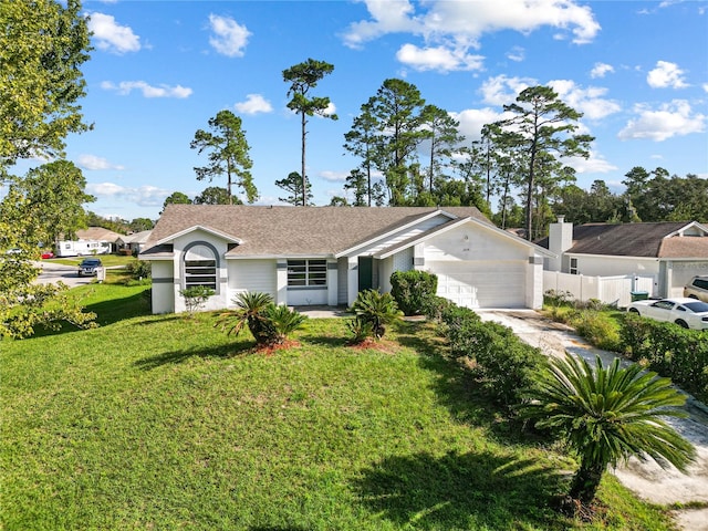 single story home featuring a garage and a front lawn